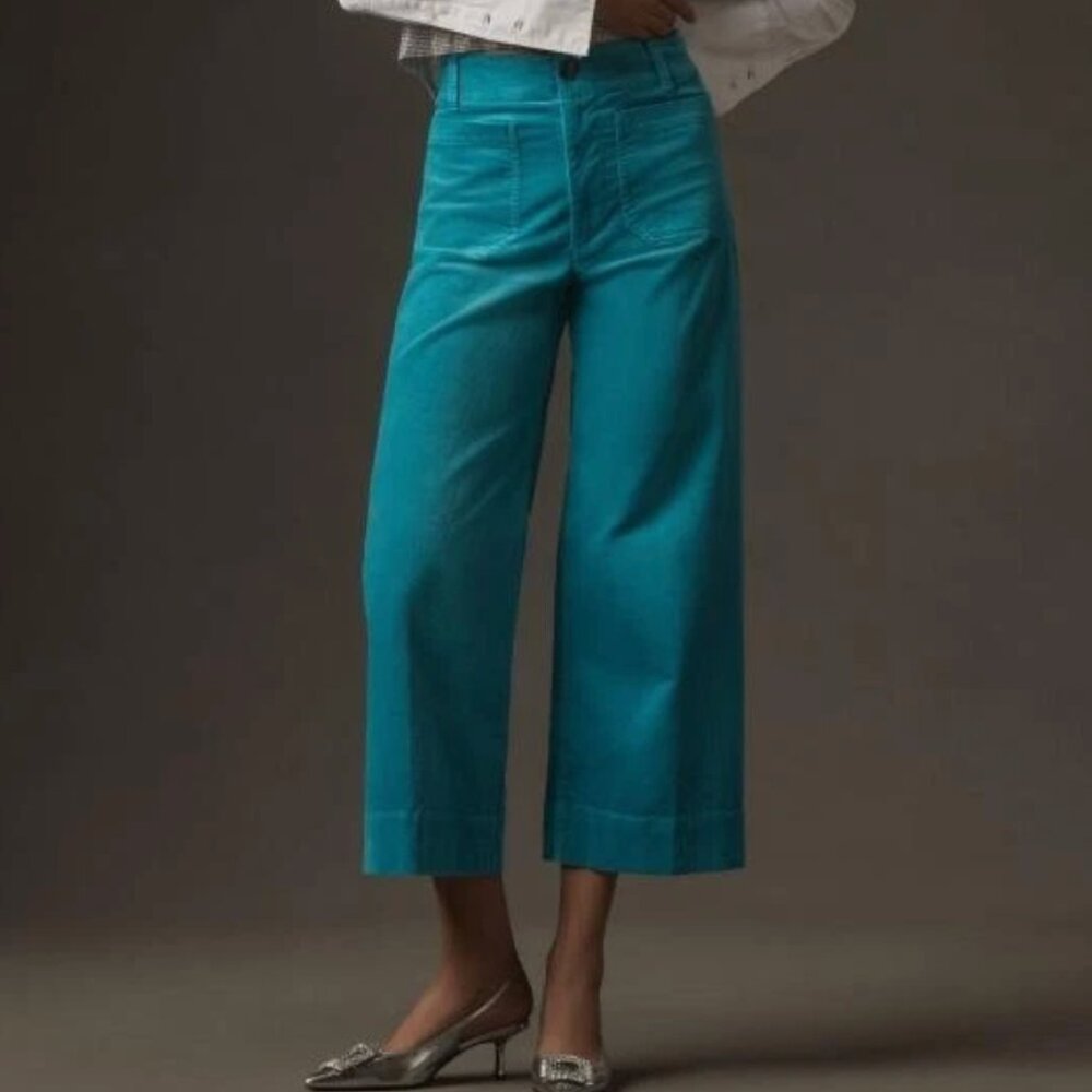 Anthropologie Maeve The Colette Cropped Cord Wide Leg Trousers Turquoise Blue